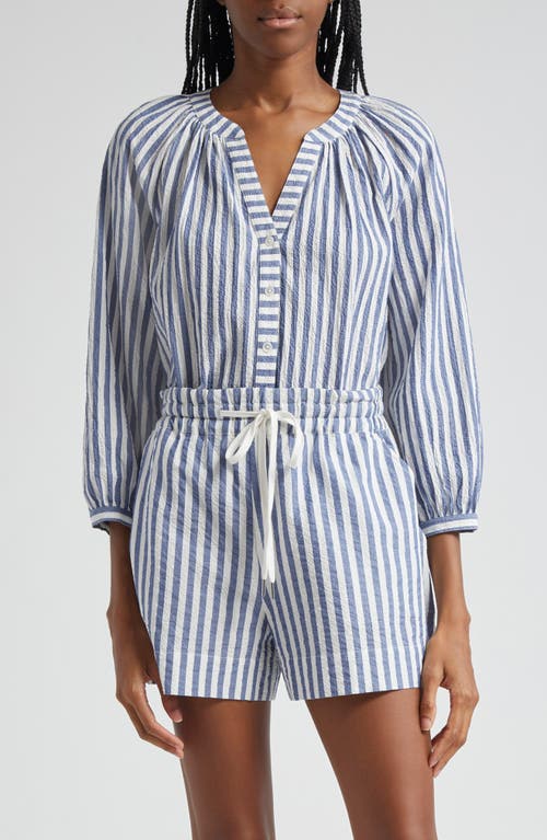 Shop Veronica Beard Judith Stripe Stretch Cotton Button-up Shirt In Blue/white