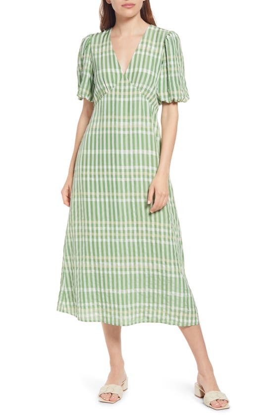 & Other Stories Print Puff Sleeve Midi Dress In Green Check