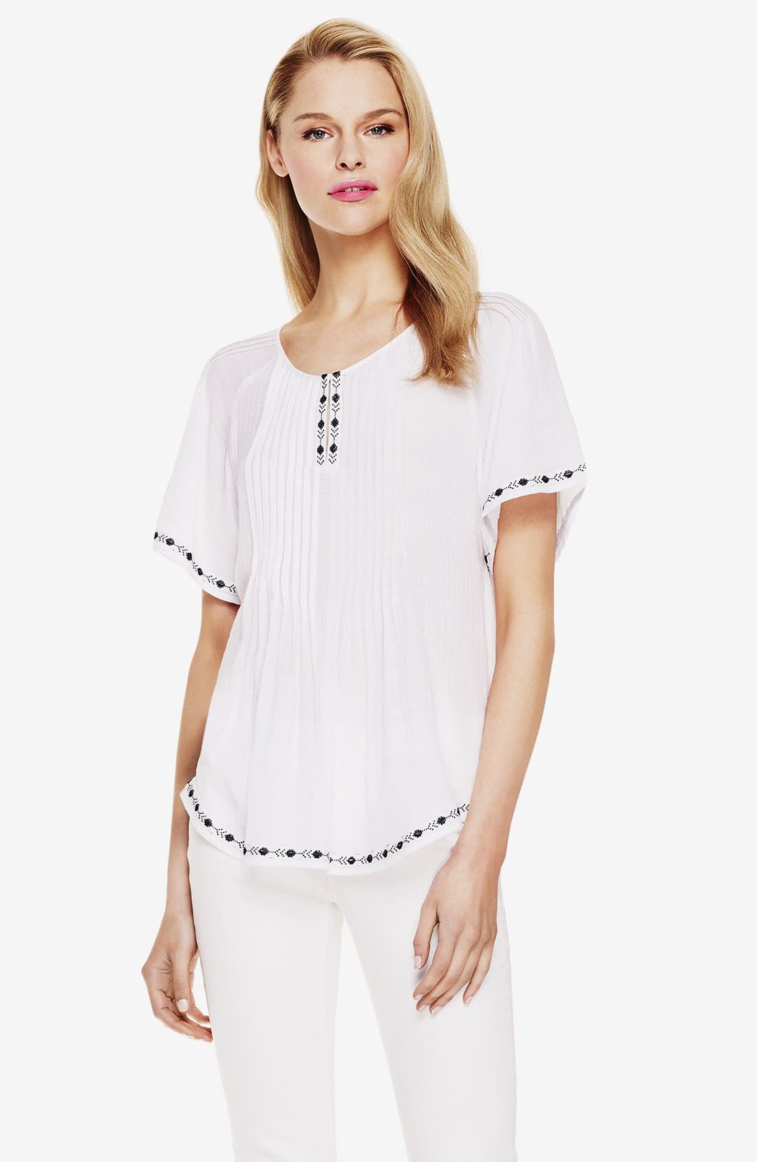 Two by Vince Camuto Embroidered Voile Pintuck Peasant Blouse Nordstrom