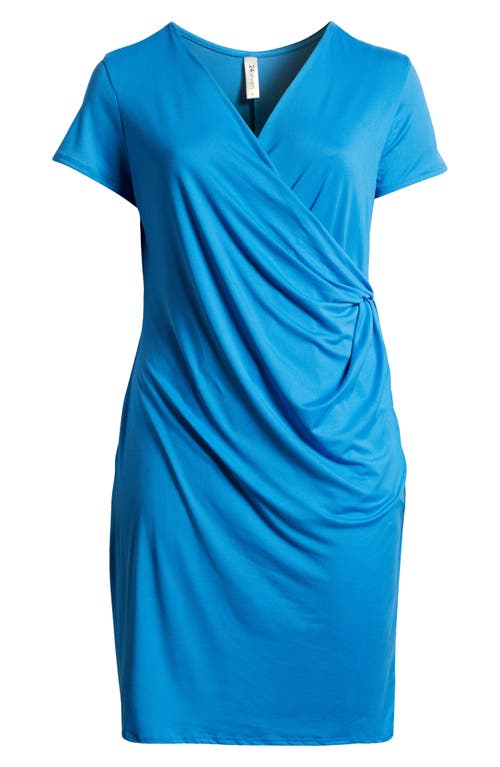 24seven Comfort Apparel V-neck Stretch Faux Wrap Dress In Turquoise