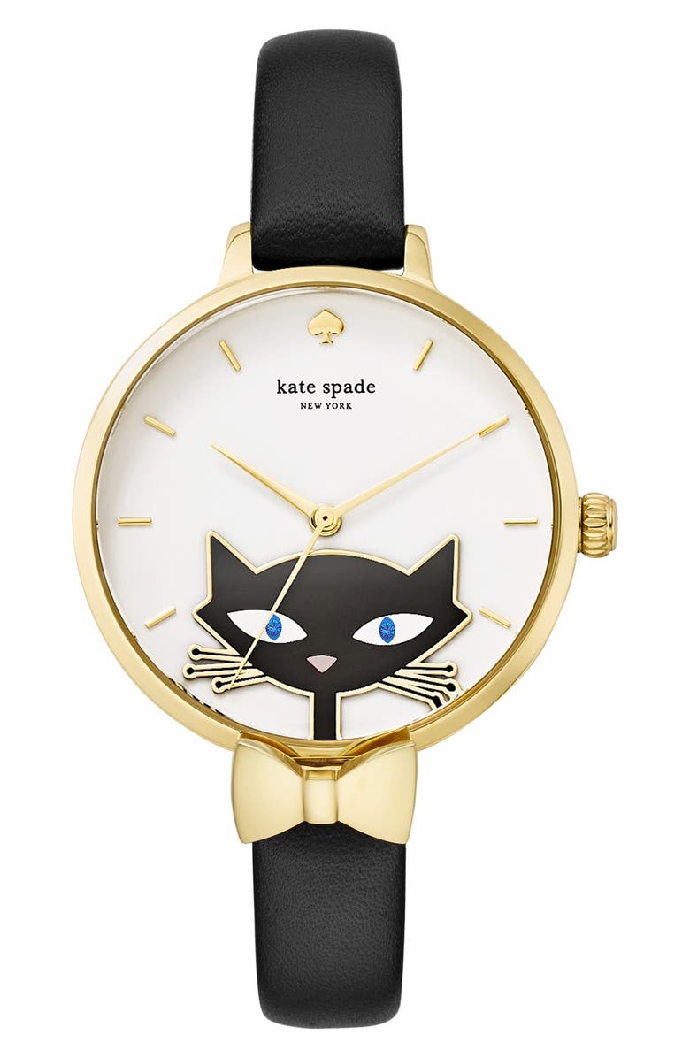 kate spade new york 'black cat' leather strap watch, 34mm Nordstrom