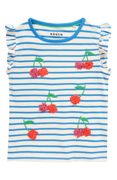 Mini Boden Kids' Cherry Ruffle Trim Shirt In Vanilla Pod/cabanna Blue