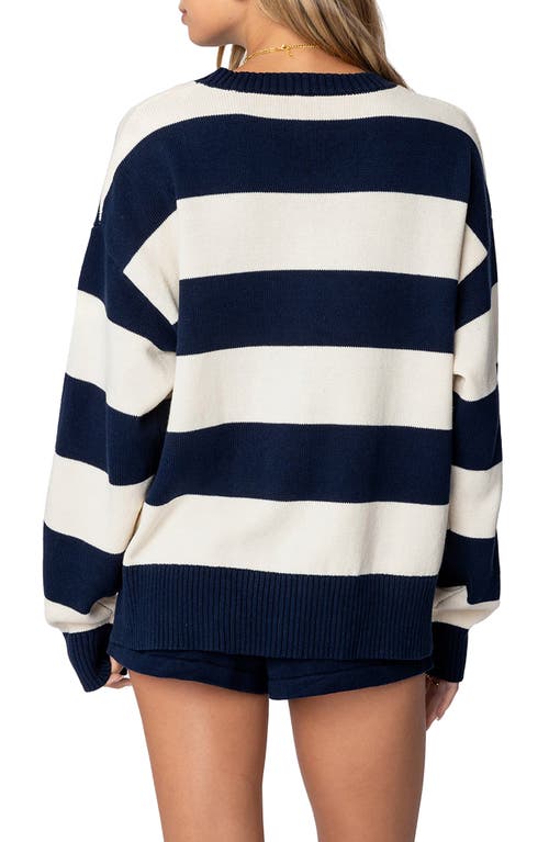 Shop Edikted Riley Oversize Stripe Cotton Sweater In Navy-and-cream