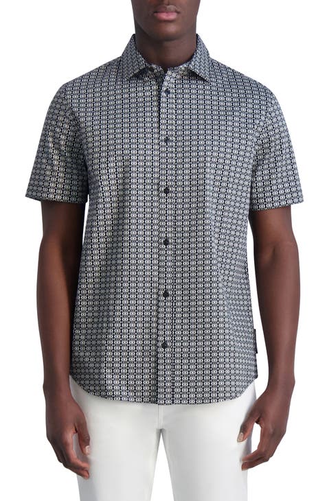 Geometric Short Sleeve Stretch Cotton Button-Down Shirt