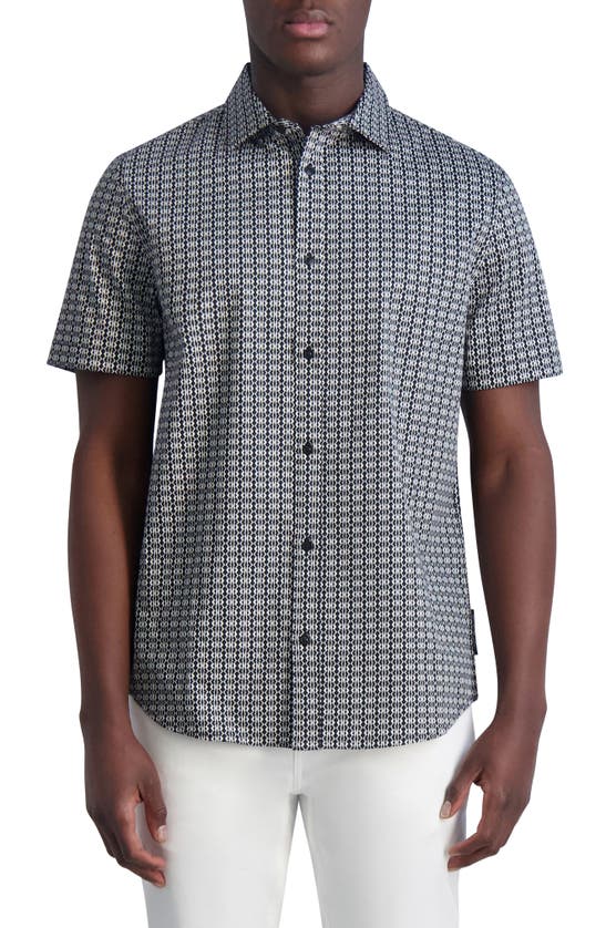 Karl Lagerfeld Geometric Short Sleeve Stretch Cotton Button-down Shirt In Black/ White