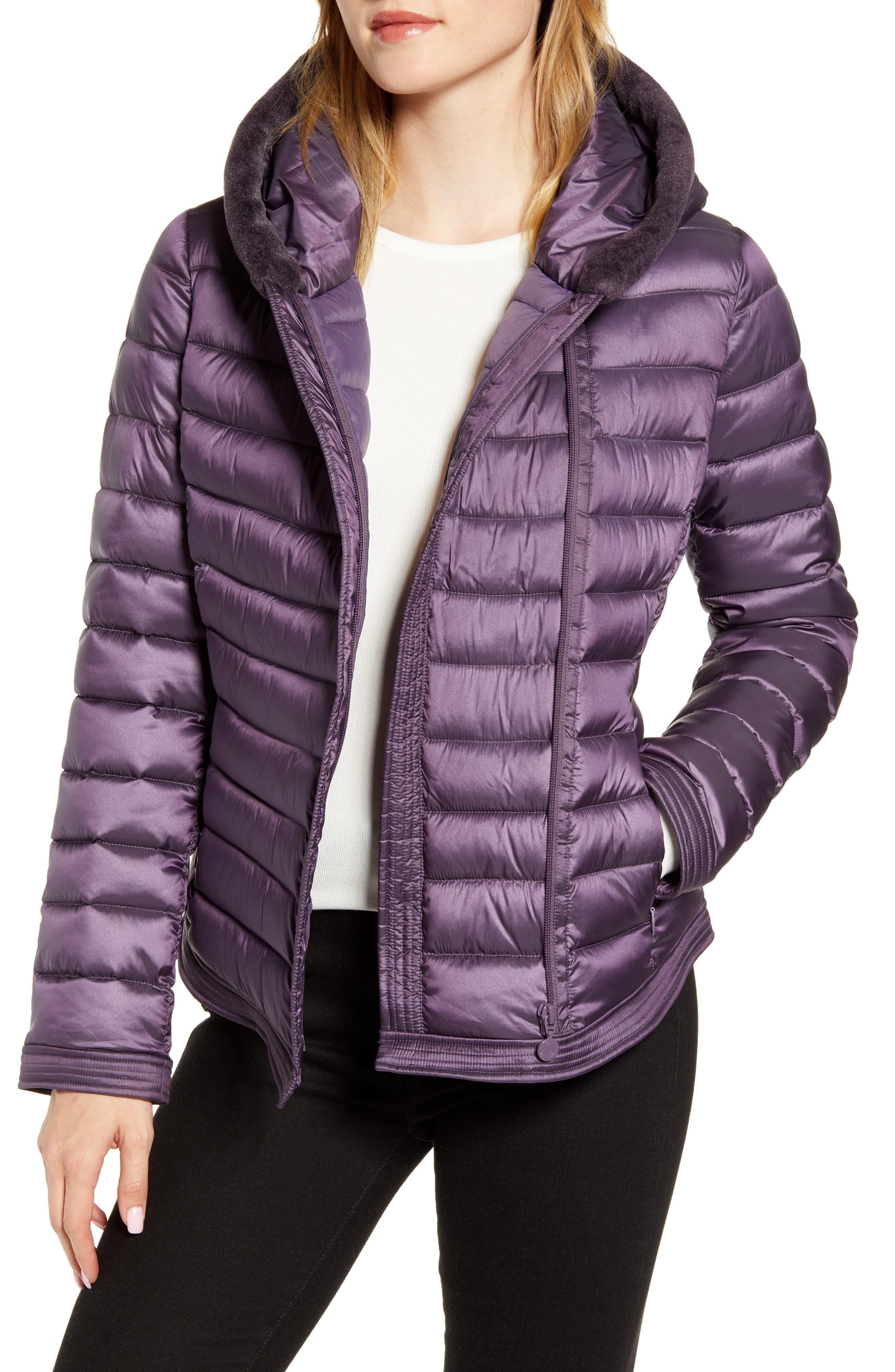 purple parka fur hood