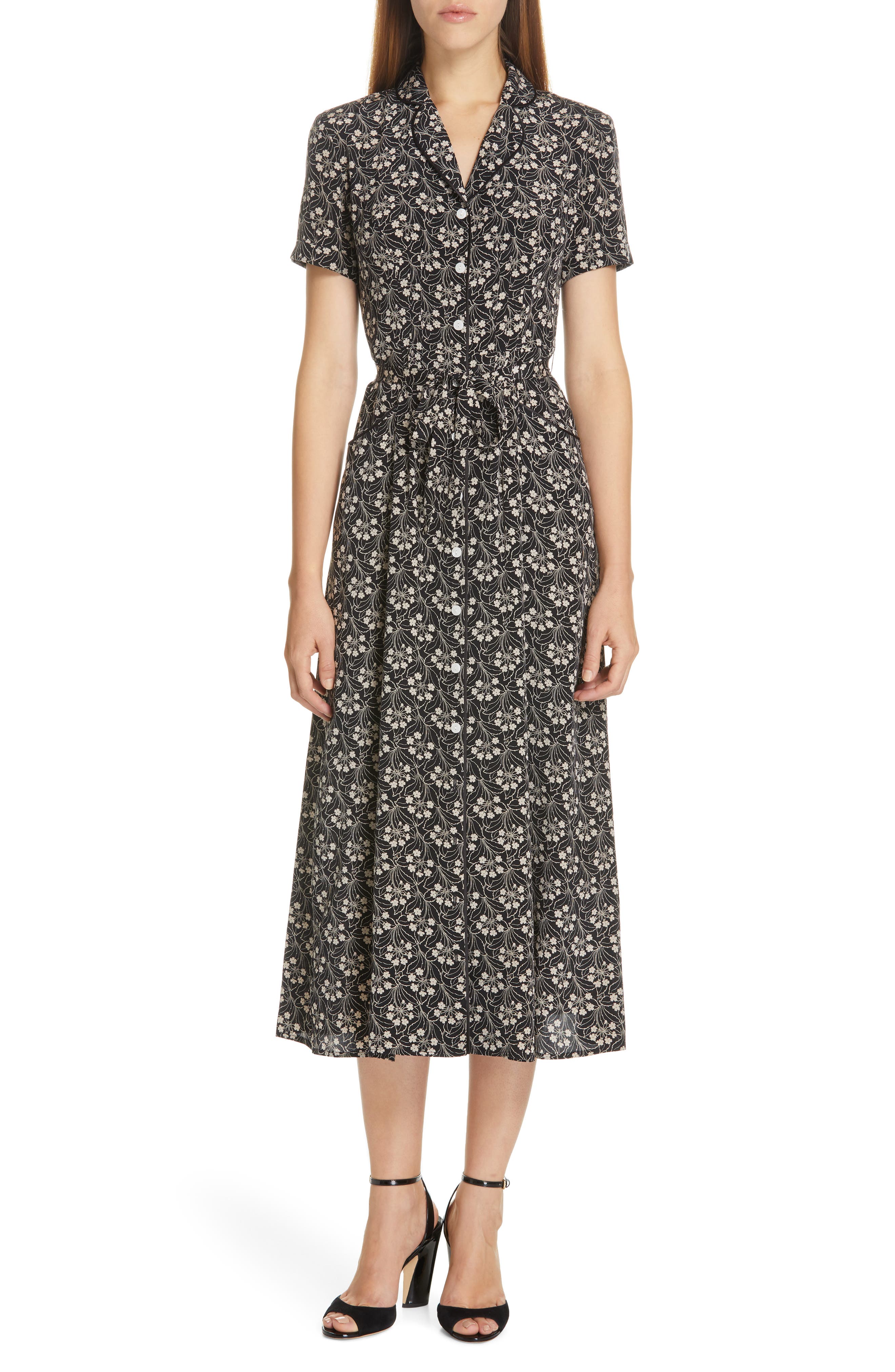 Hvn Long Maria Floral Print Silk Pajama Midi Dress, Black