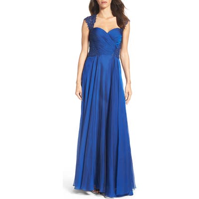 La Femme Ruched Chiffon Gown, Blue
