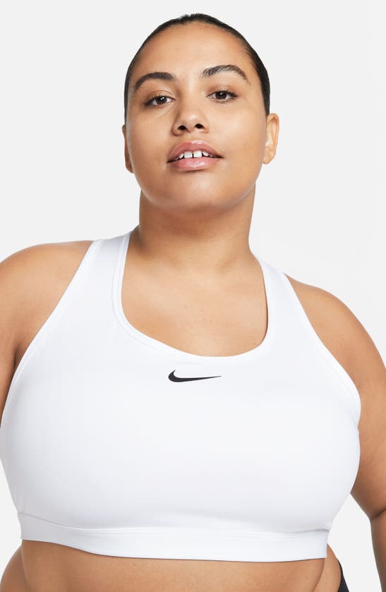 Shop Nike Swoosh Medium Support Sports Bra In White/ Stone Mauve/ Black