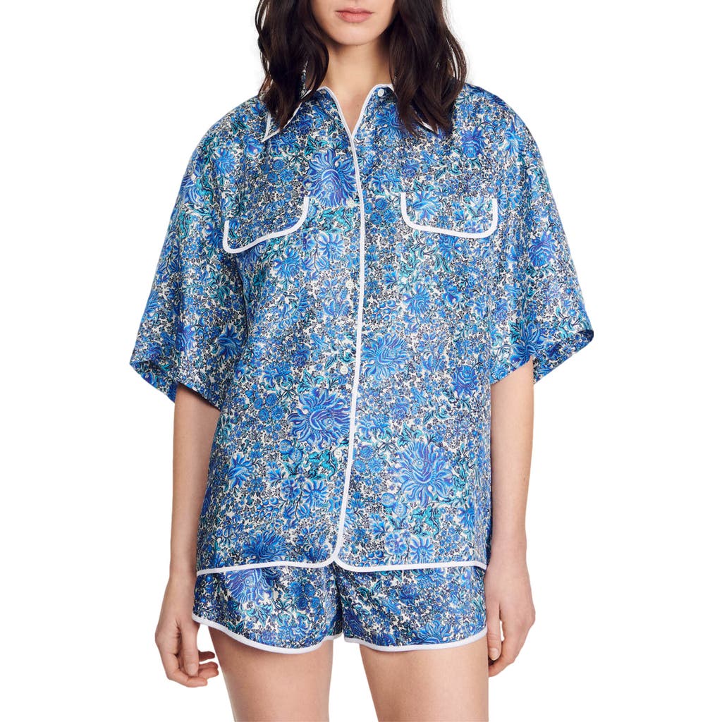 Sandro Anja Floral Button-up Silk Shirt In Blu/white