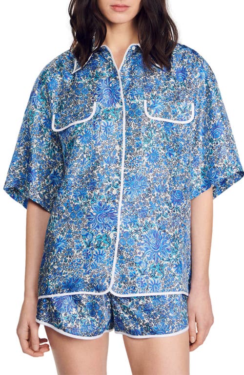 sandro Anja Floral Button-Up Silk Shirt Blu /White at Nordstrom,