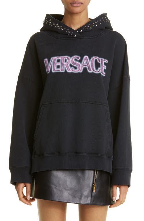 Versace Neon Logo Studded Graphic Hoodie in Black/Fuchsia