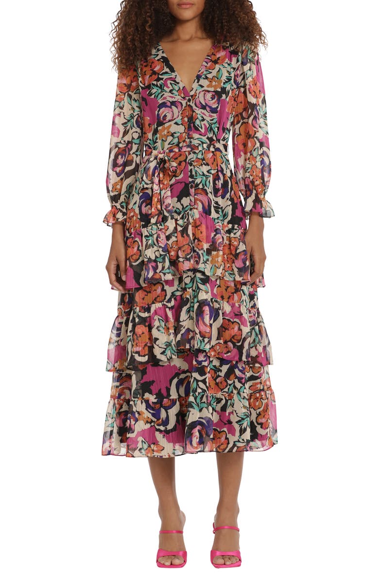 DONNA MORGAN FOR MAGGY Floral Long Sleeve Button Front Tiered Maxi ...