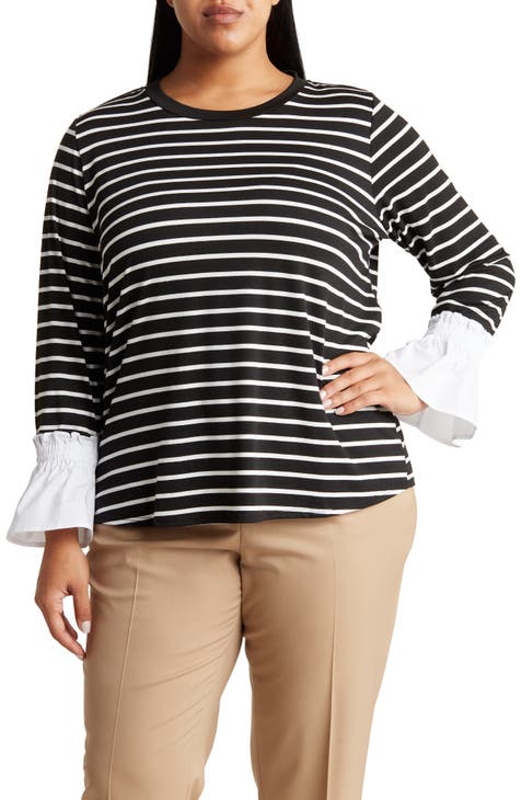 Stripe Ruffle Cuff Long Sleeve T-Shirt (Plus)