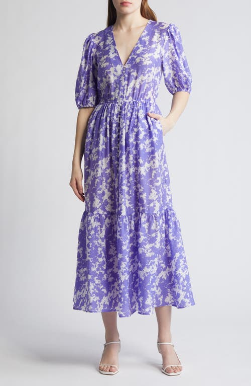 & Other Stories Puff Sleeve Maxi Dress In White/purple Aop