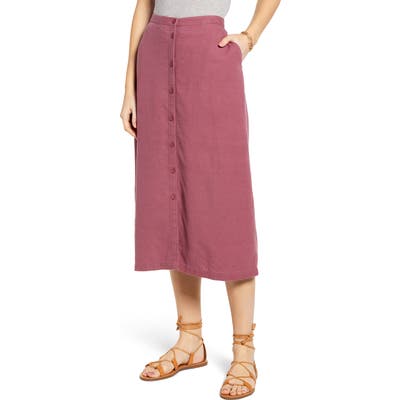 Treasure & Bond Button Front Linen Blend Midi Skirt, Burgundy