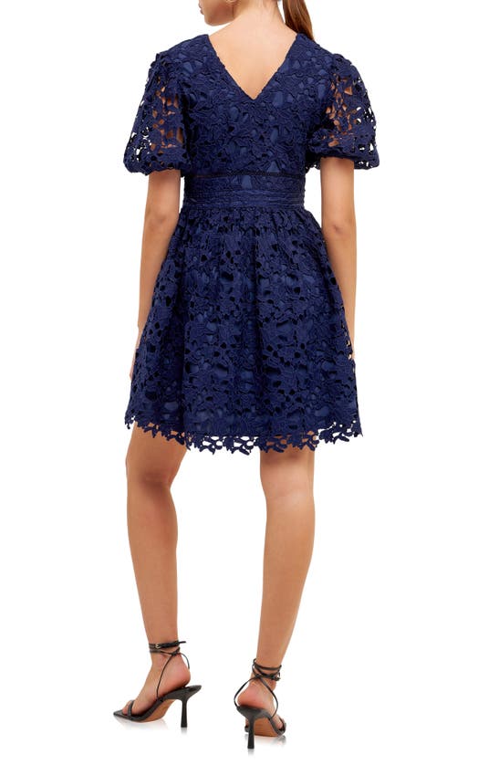Shop Endless Rose Puff Sleeve Lace Minidress In Navy