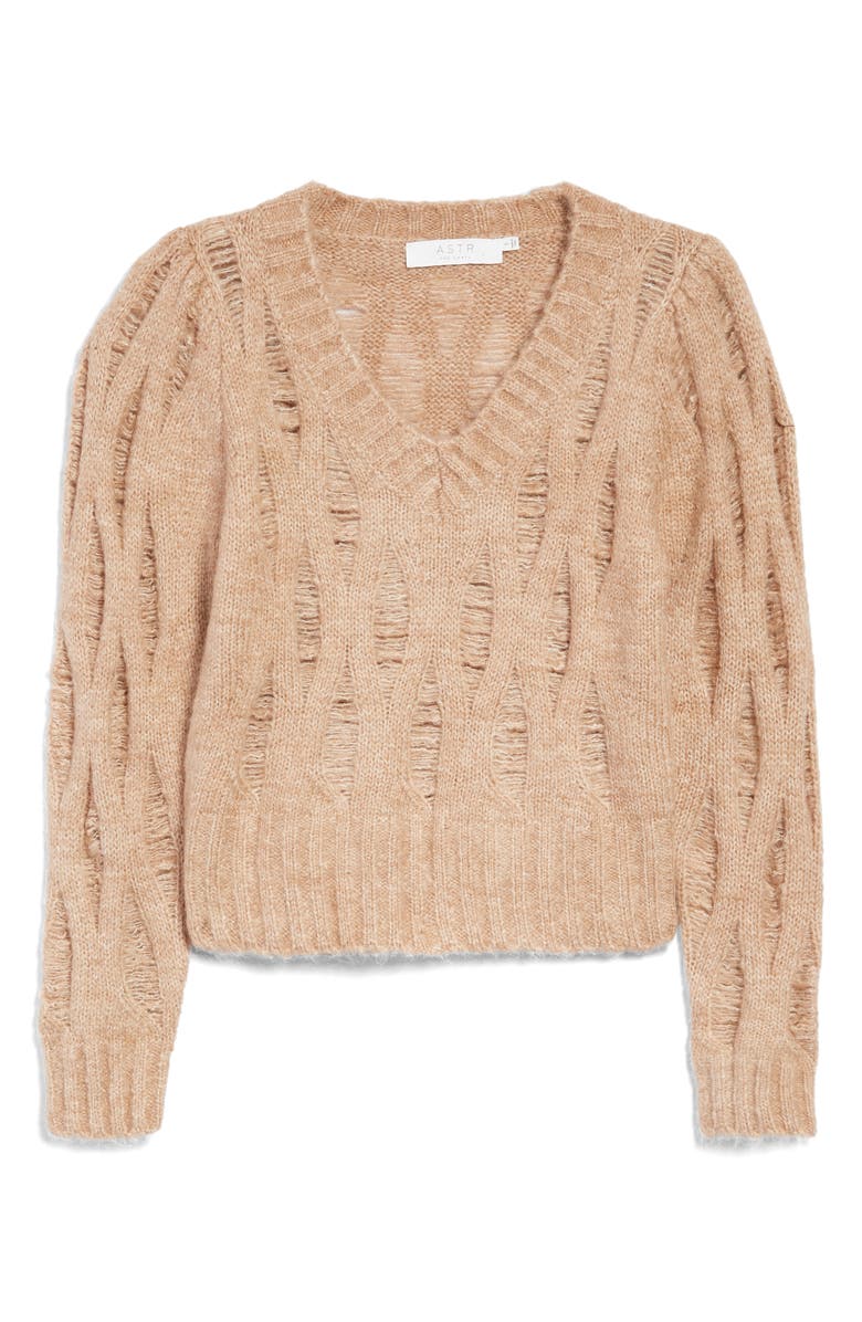 ASTR the Label Distressed V-Neck Cable Knit Sweater | Nordstrom