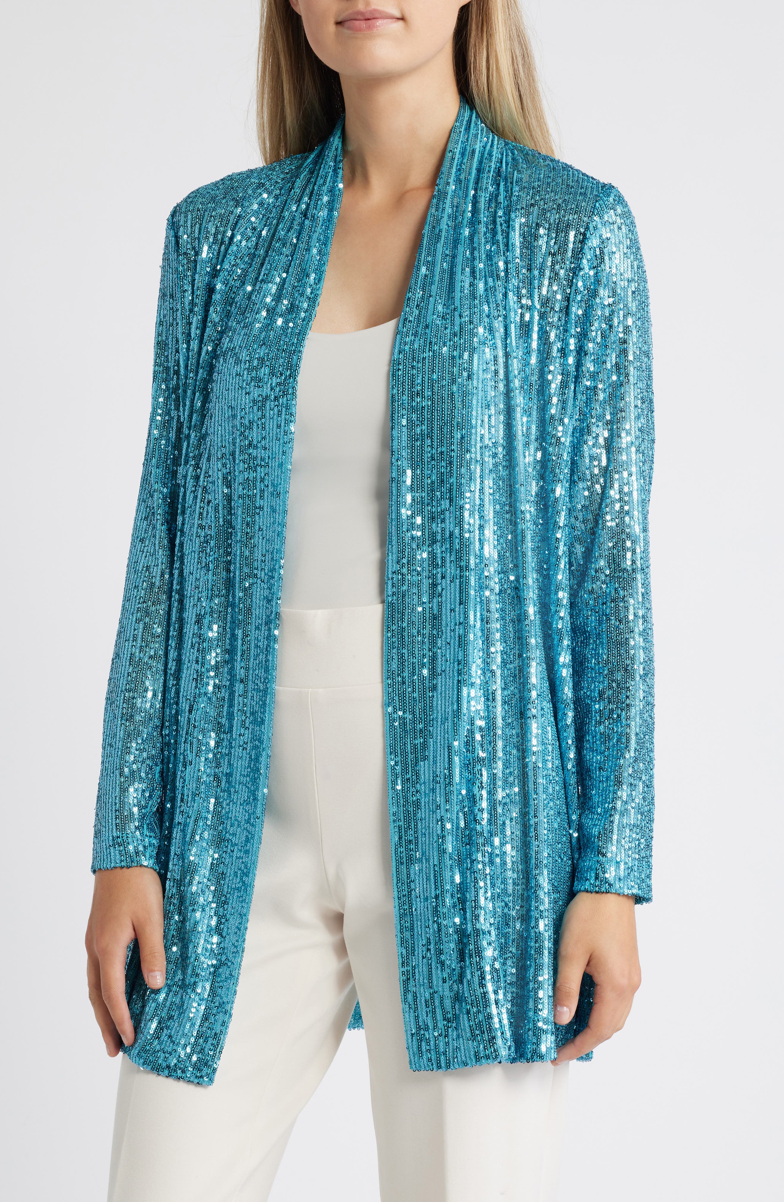 Anne Klein Sequin Draped Open Front Cardigan in Pool Blue 