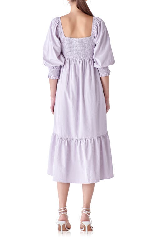 Shop English Factory Gingham Smocked Puff Sleeve Midi Dress In Lilac/blush