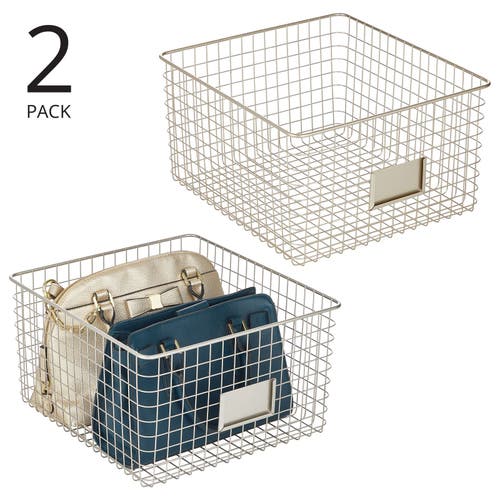 Mdesign Bedroom Closet Storage Organizer Basket With Label Slot, 2 Pack In Satin