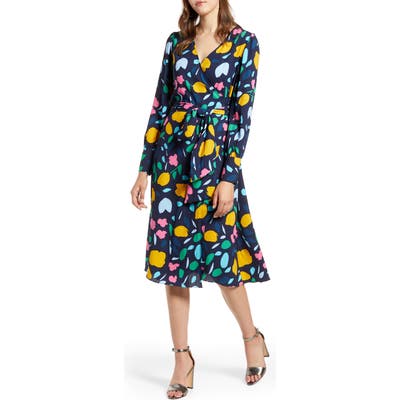 Petite Halogen Long Sleeve Wrap Midi Dress, Blue