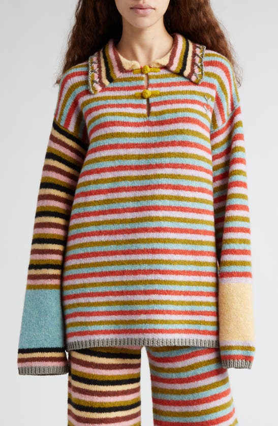 Yanyan Softi Stripe Embroidered Oversize Wool Blend Sweater In Chocoberry