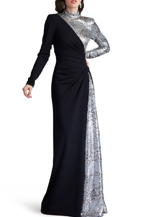 Sequin Patchwork Mixed Media Long Sleeve Gown