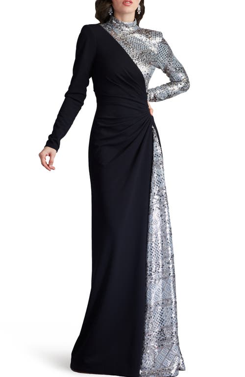 Tadashi Shoji Sequin Patchwork Mixed Media Long Sleeve Gown Black/Silver at Nordstrom,
