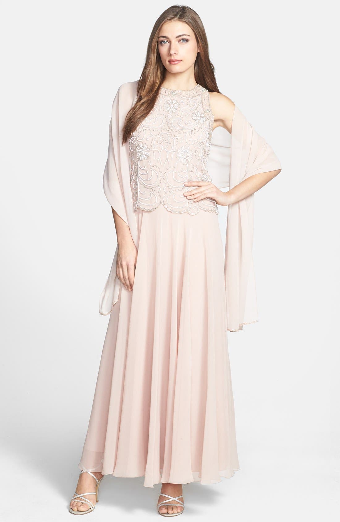 j kara beaded gown & chiffon scarf