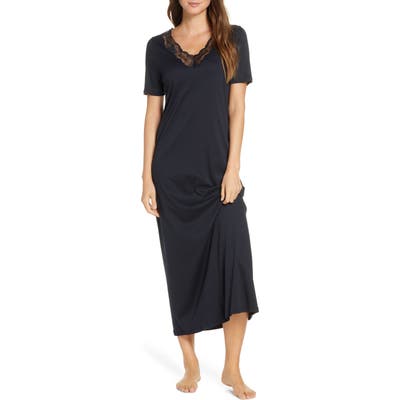 Hanro Valencia Lace Trim Nightgown, Black