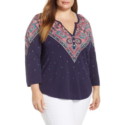 Plus Size Lucky Brand Bandana Print Cotton Henley Top, Blue