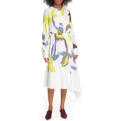 Tibi Ant Farm Print Long Sleeve Midi Dress, White