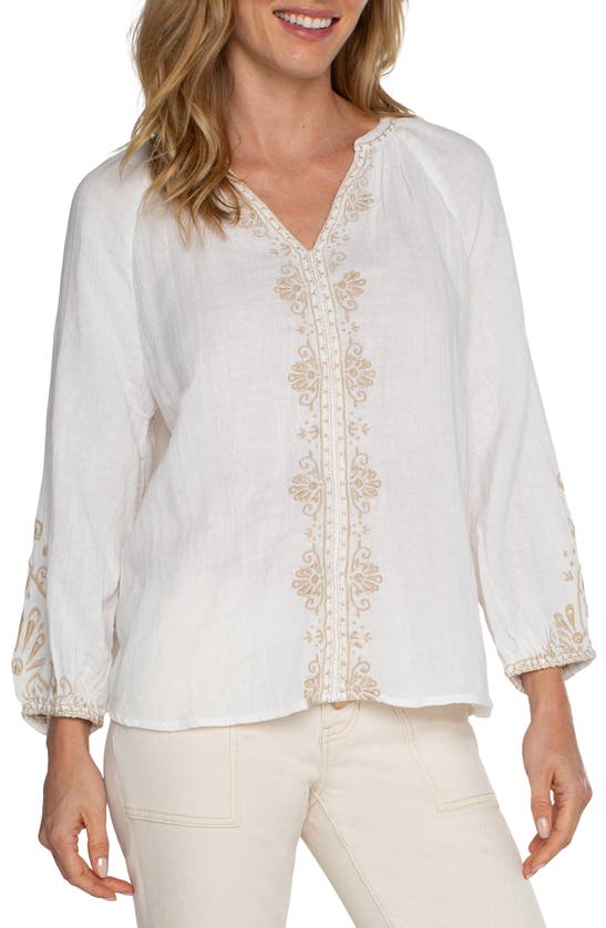 Shop Liverpool Los Angeles Embroidered Double Gauze Top In Off White Tan Embroidery