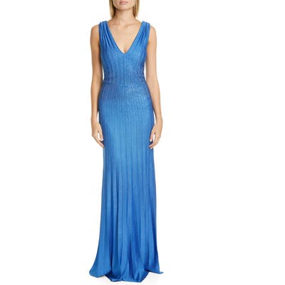 St. John Evening Beaded Metallic Plisse Knit Gown, Blue