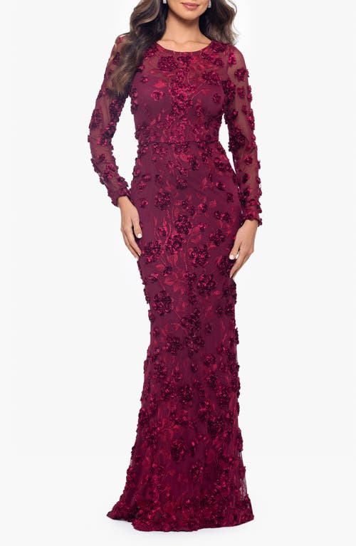 Xscape Evenings Embroidered Floral Long Sleeve Gown In Garnet