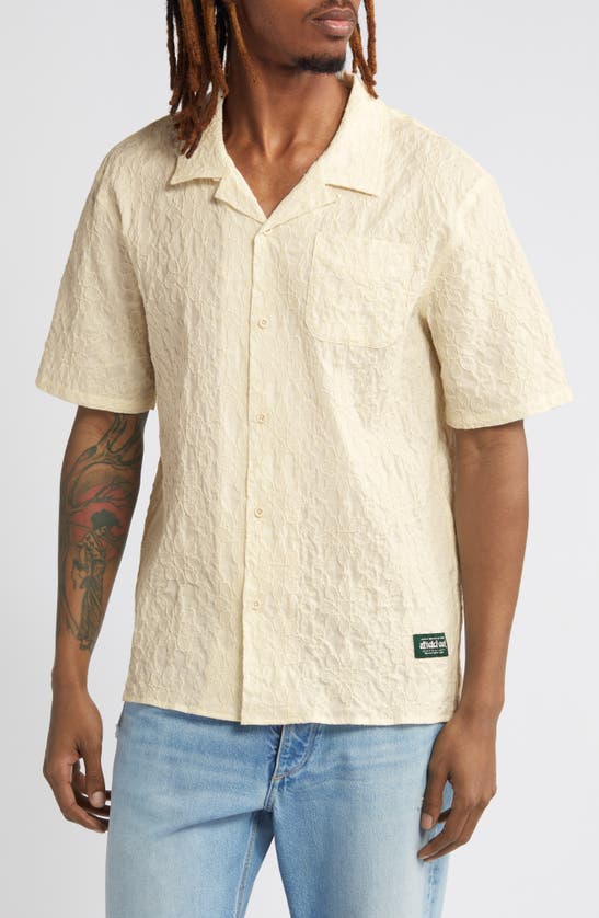 Shop Afield Out Textured Floral Short Sleeve Cotton Button-up Shirt In Bone