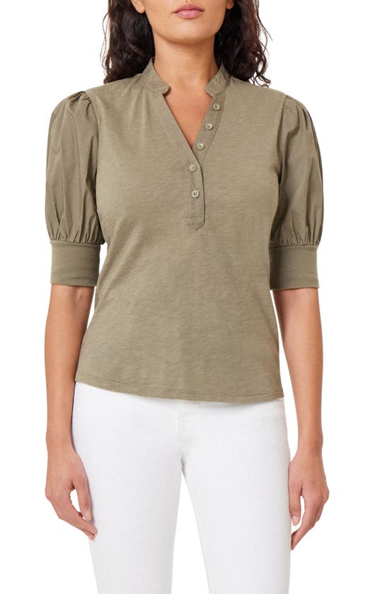 Habitual Puff Sleeve Cotton Henley In Clover