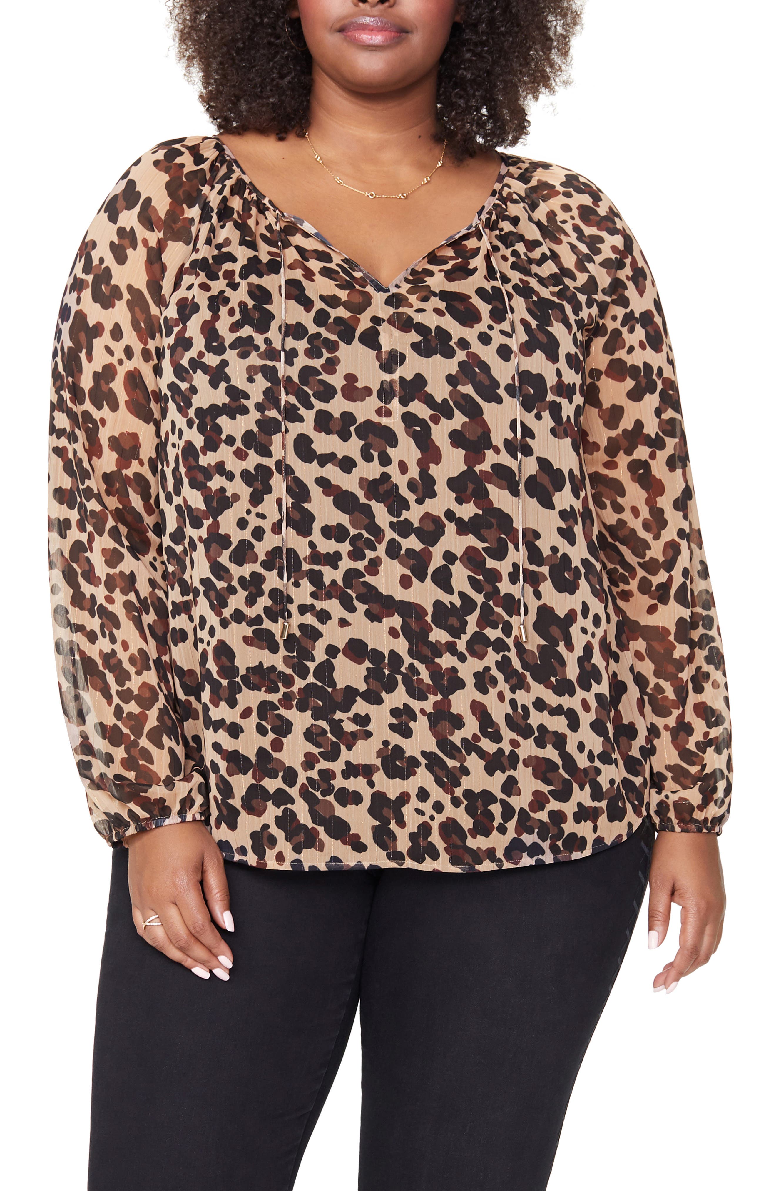 NYDJ Metallic Thread Detail Leopard Print Peasant Blouse (Plus Size