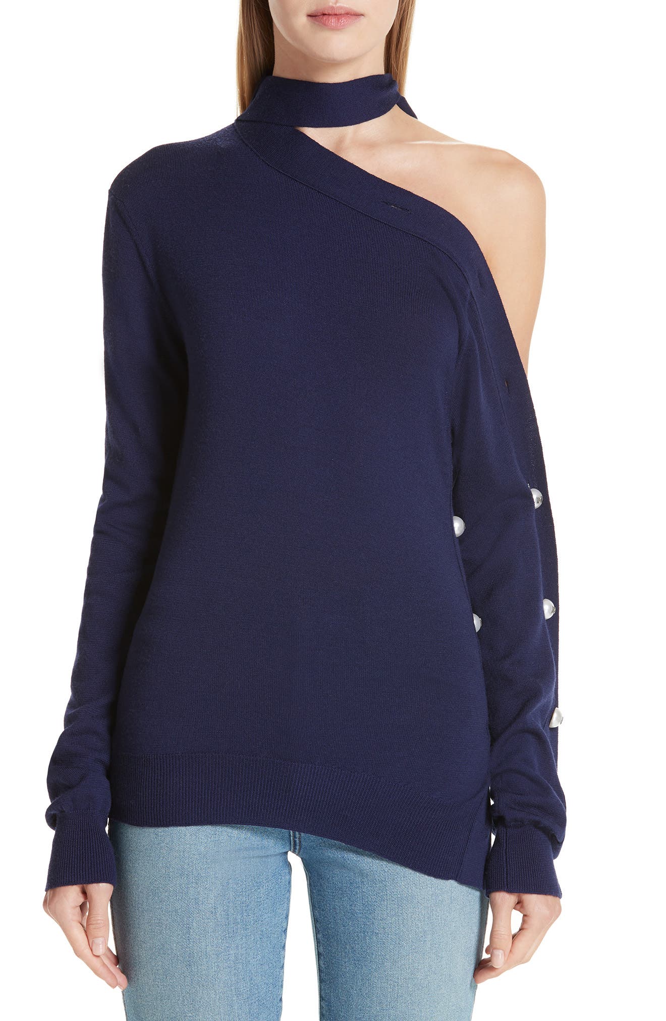 Monse Button Sleeve One-Shoulder Wool Sweater, Blue