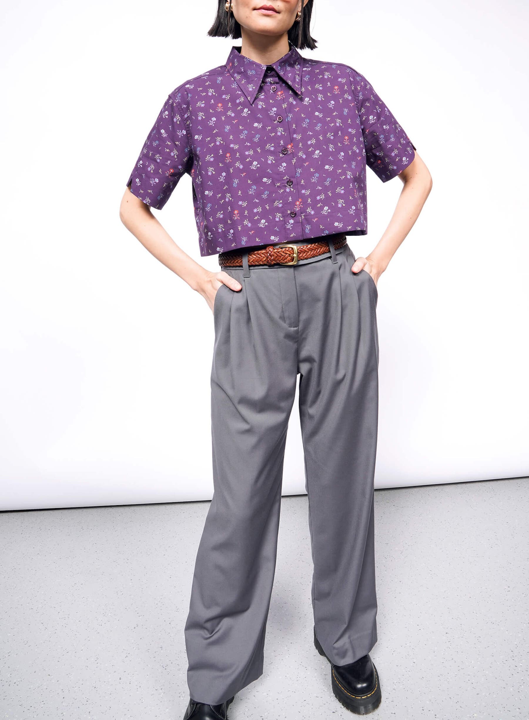 WILDFANG The Essential Cropped Button Up in Cottage Floral Plum Multi Cover