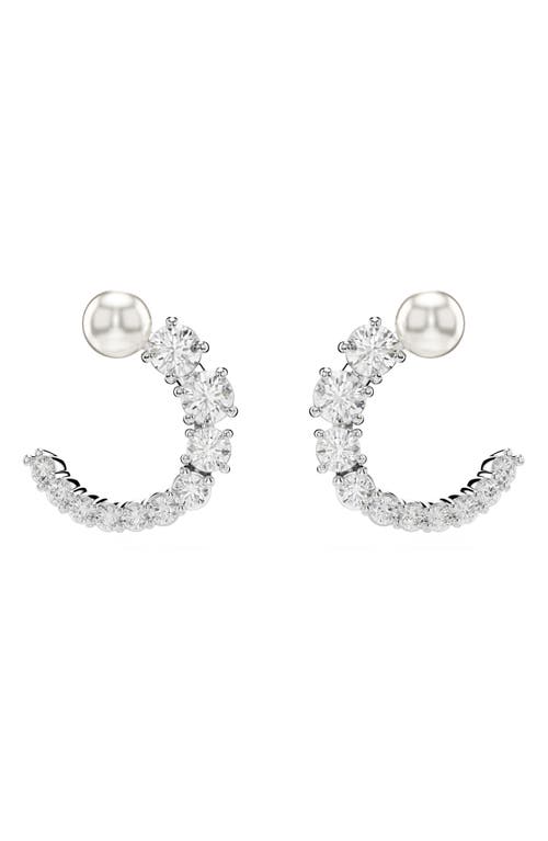 Swarovski Crystal Pearl, Round Cut, White, Matrix Hoop Earrings In Silver