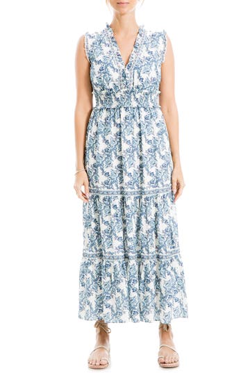 Shop Max Studio Floral Sleeveless Tiered Maxi Dress In Cream/blue Smlr Mgnl Wve