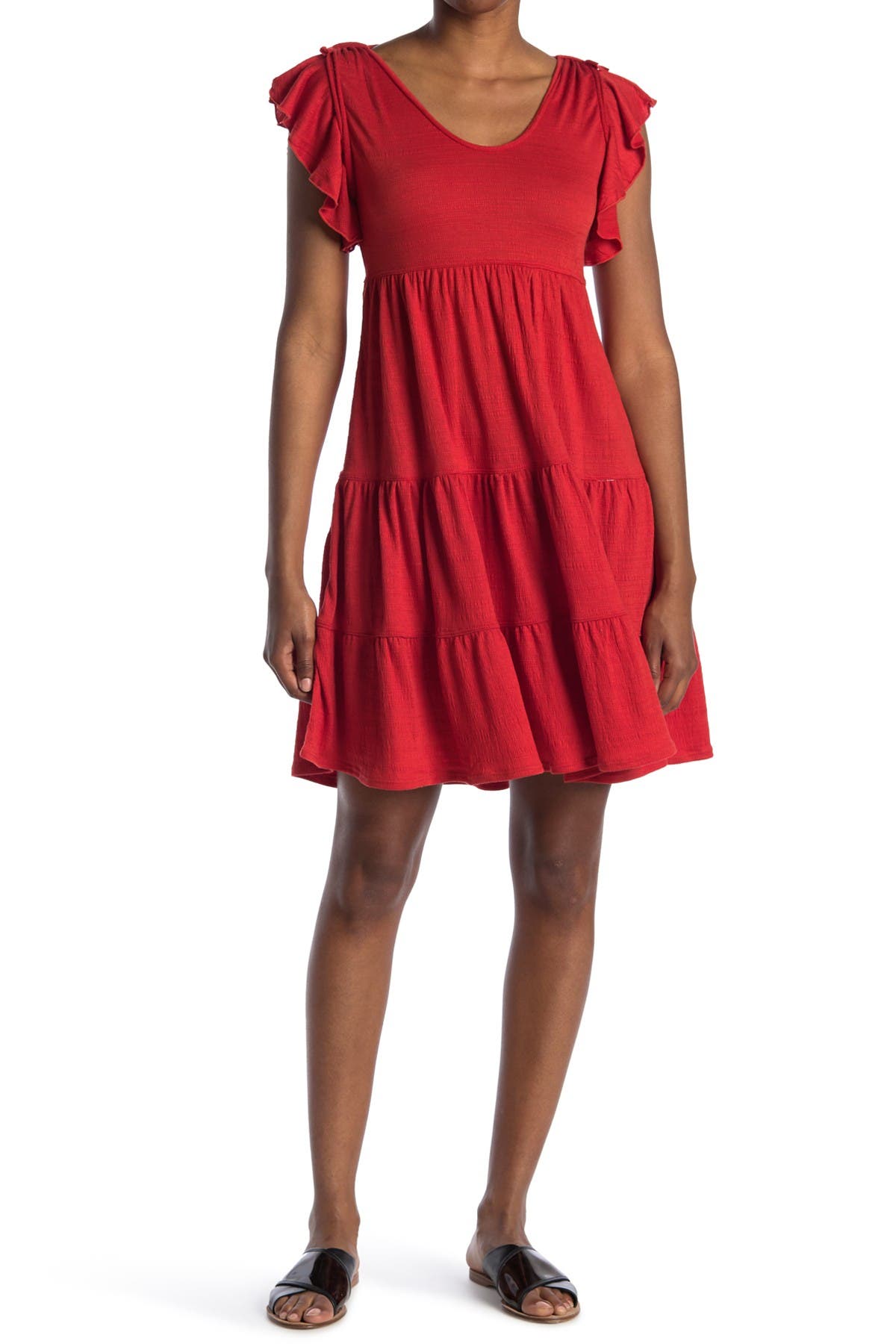 Max Studio Ruffle Cap Sleeve Tiered Jersey Babydoll Dress In Lava0t73