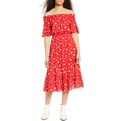 One Clothing Floral Off The Shoulder Midi Dress, Red