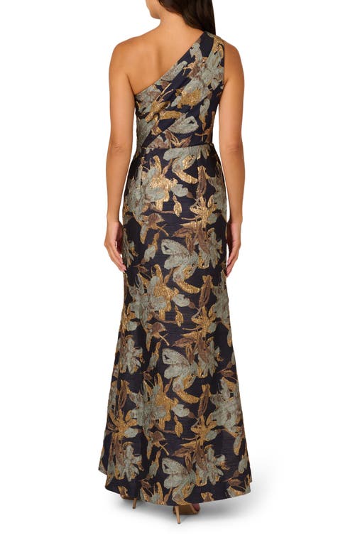 Shop Adrianna Papell Metallic Floral Jacquard Mermaid Gown In Blue/gold