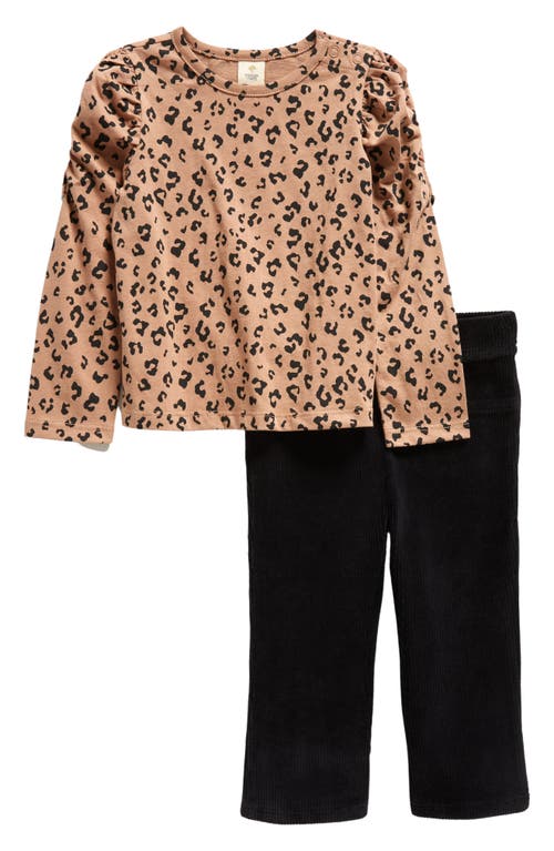 Tucker + Tate Print Long Sleeve T-Shirt & Rib Pants Set in Tan Tawny Mini Leopard- Black