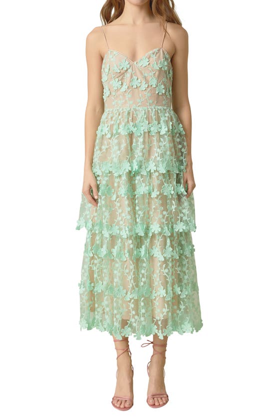 Shop Endless Rose Floral Embroidered Tiered Lace Midi Dress In Green