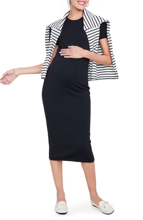 Black wrap over high-low maternity dress with short sleeves