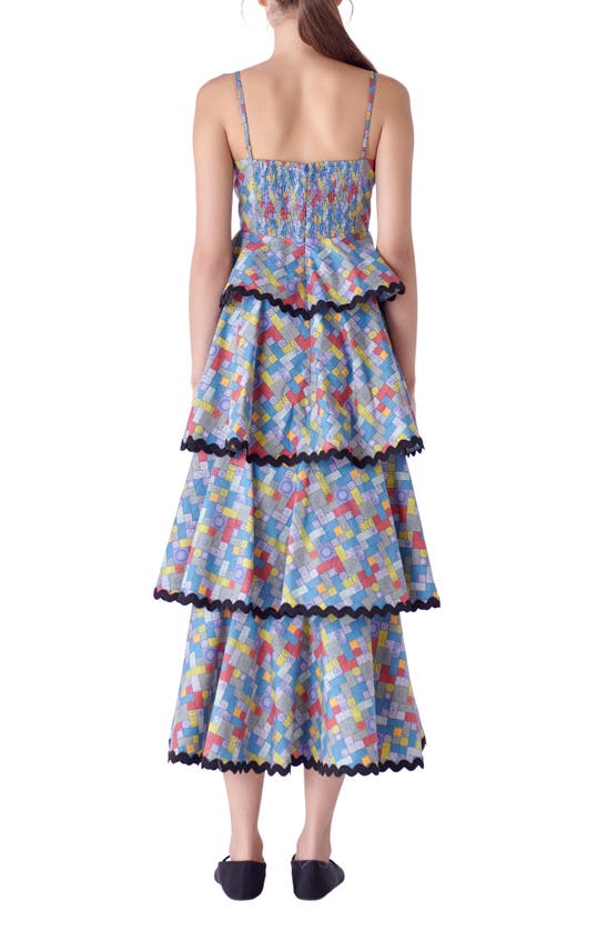 Shop English Factory Grid Print Tiered Maxi Dress In Blue Multi